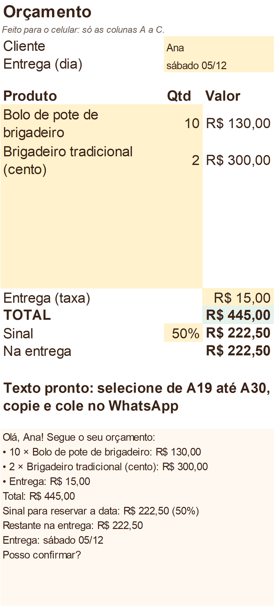 Aba Orçamento no formato do celular, com o texto pronto para o WhatsApp